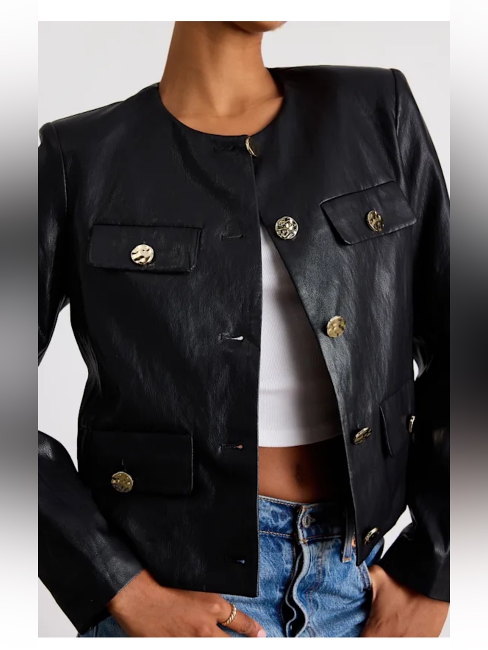 Tabitha Black Vegan Leather Button-Front Jacket - Picture 2 of 4